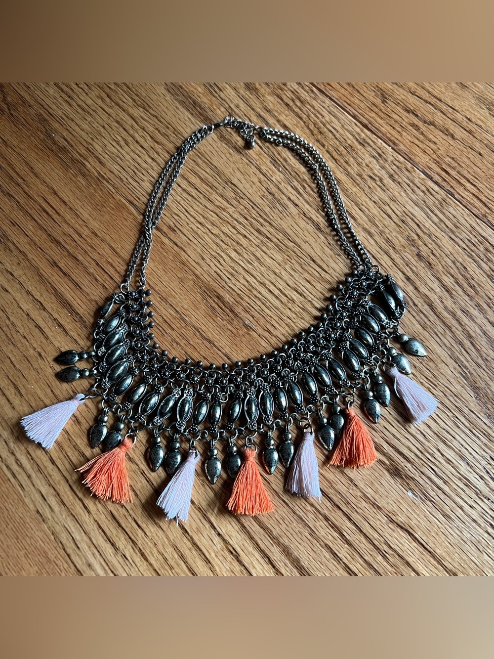 Boho Tassel Bib Necklace in Antique Silver with Orange & Blush Tassels
